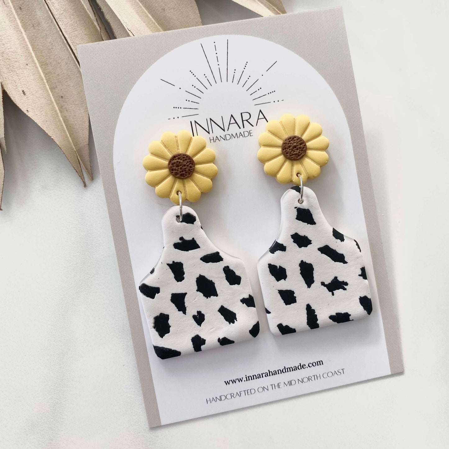 Cattletag Dangles - Sunflower Cow Print