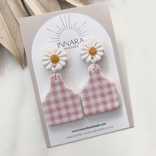 Cattletag Dangles - Pink Gingham Daisy