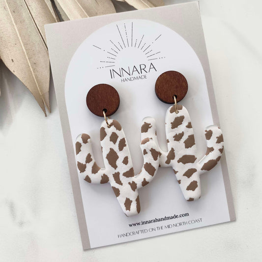 Wooden Cactus Dangles - Brown Cow Print