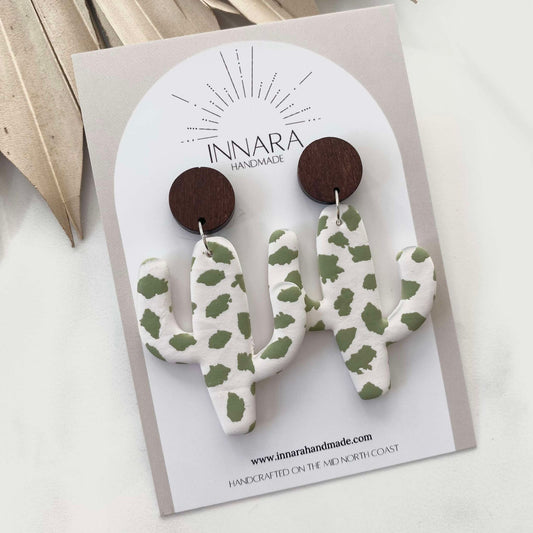 Wooden Cactus Dangles - Sage Cow Print